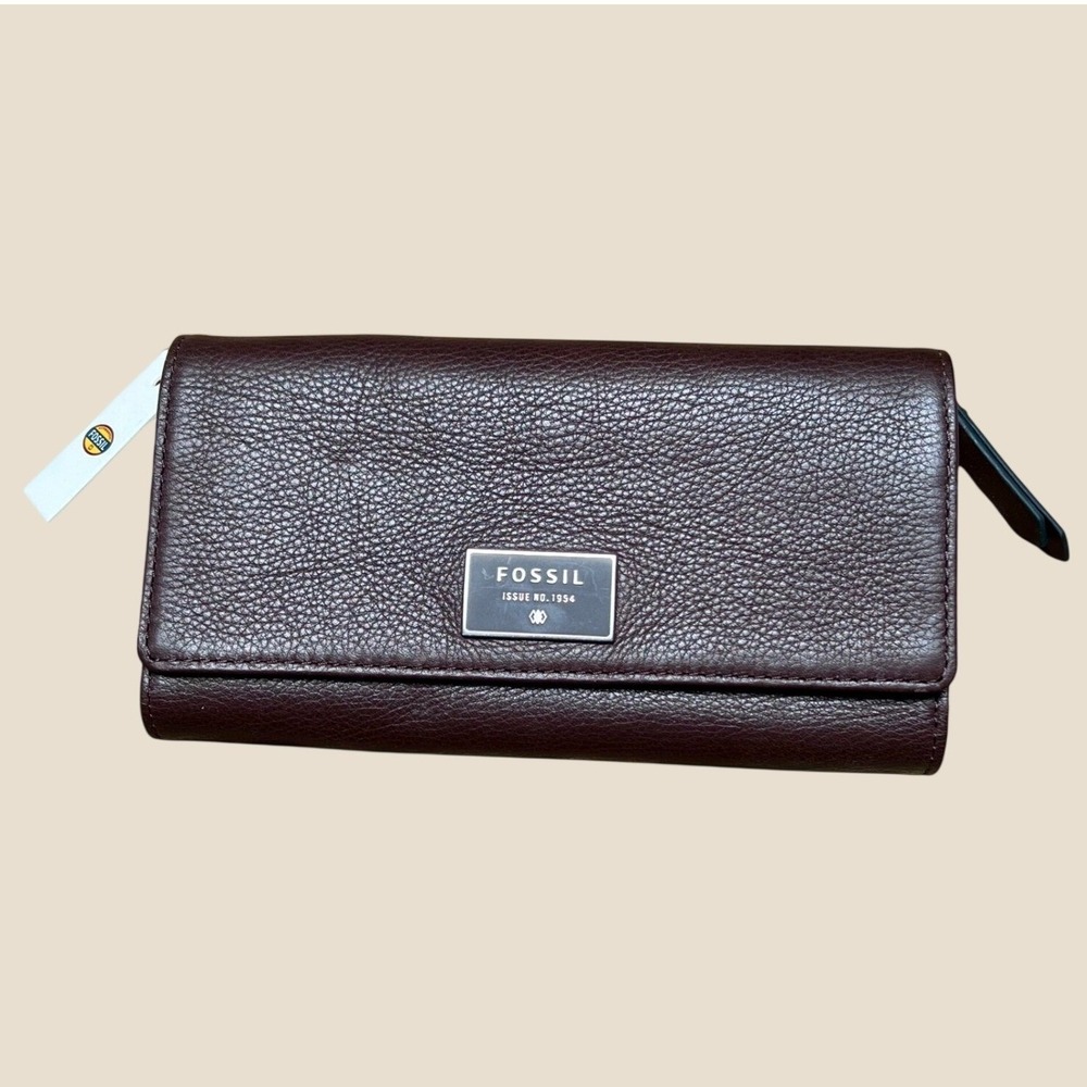 NEW‎ Fossil Dawson Flap Clutch Espresso Brown Leather Wallet Wristlet Designer